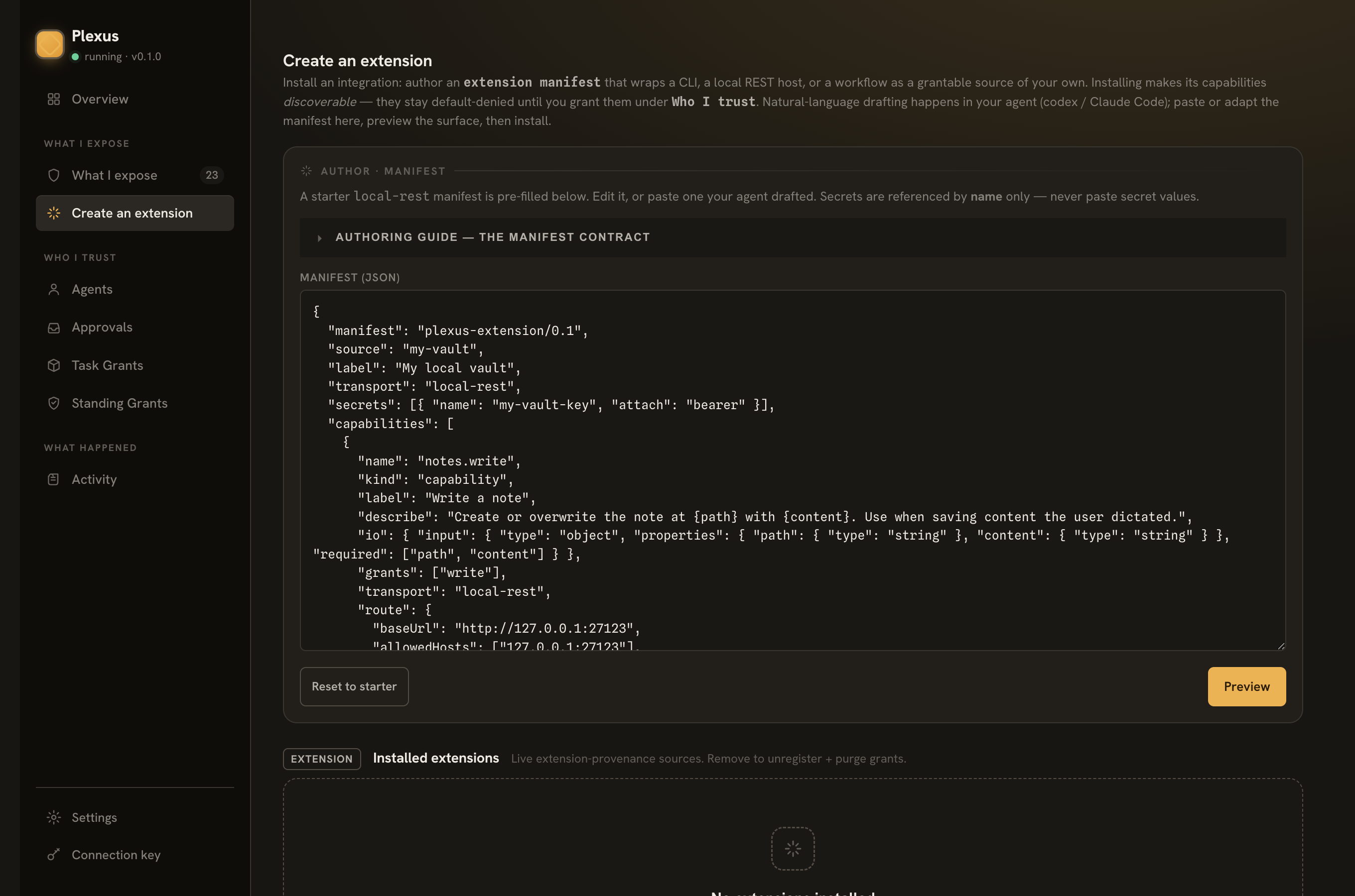 Authoring and installing an extension in the /admin Create-an-extension view