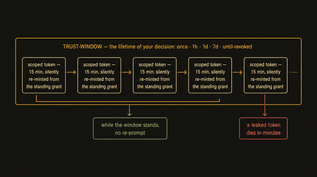 The two clocks — the trust-window over short-lived scoped tokens